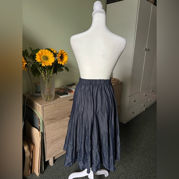 Blue Jean Dark Denim Modest Midi Elastic High-Waist Flare Knee-Length Skirt XS - Picture 7 of 16